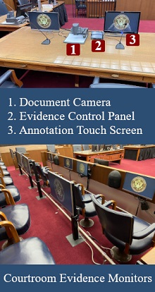 document camera, control screen, ELO Touchscreen, high resolution monitors for jurors and VCR/DVD player combo